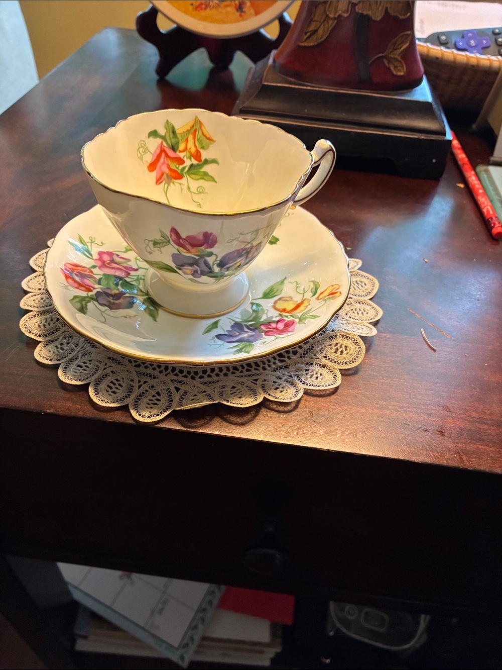 Porcelain Teacup and Saucer Set with Floral Motif - White Base